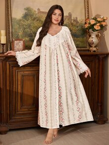 PalaceNights Floral Print Luxurious Lace Trim Loose Long Sleeve Robe With Camisole Slip Dress Ruffle Decor Woven Textured Fabric Plus Size Pajamas - Multicolor - View 6