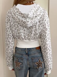 SHEIN EZwear 豹紋字母拼接前綁帶寬下擺短版連帽衛衣 - 彩色 - 查看 2
