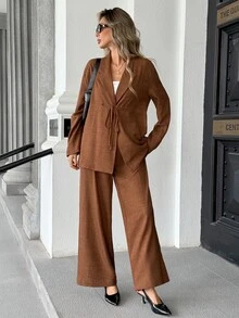 Pariaura Set 2 Potong Blazer Jaket dan Celana Panjang Panjang Lantai Gaya Minimalis Modis Sederhana dengan Kerah V Dalam, Desain Tali, Belahan Samping Belakang, dan Pinggang Elastis - Coffee Brown - View 4