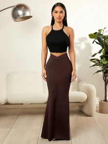SHEIN SXY 女款優雅交叉腰性感美人魚尾中長裙 - 咖啡棕 - 查看 3