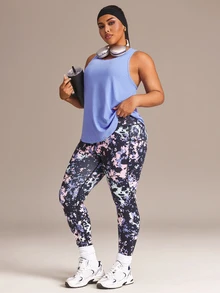SHEIN Rhythm Era Tie Dye Plus Size Sports Leggings - Navy Blue - View 1