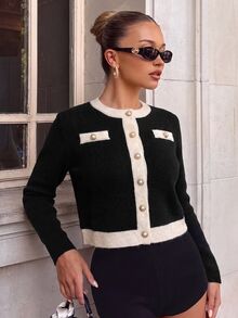 Glamine Charm كنزة صوفية محبوكة بأسلوب فرنسي مزينة بخرز لؤلؤي مزيف بألوان متباينة للنساء - أبيض وأسود - مشاهدة 3