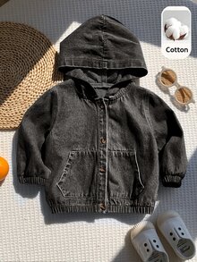 SHEIN Baby Boy Casual Washed Hooded Autumn Jacket - Dark Grey - View 3