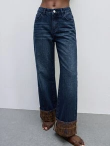 Maija Celana Jeans Denim Wanita Kasual Kaki Lurus Potongan Longgar - Dark Wash - View 1