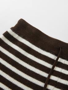 SHEIN Franclia All Casual Striped Knit Pants, Women Drawstring High Waist Flare Leg Trousers - Chocolate Brown - View 4