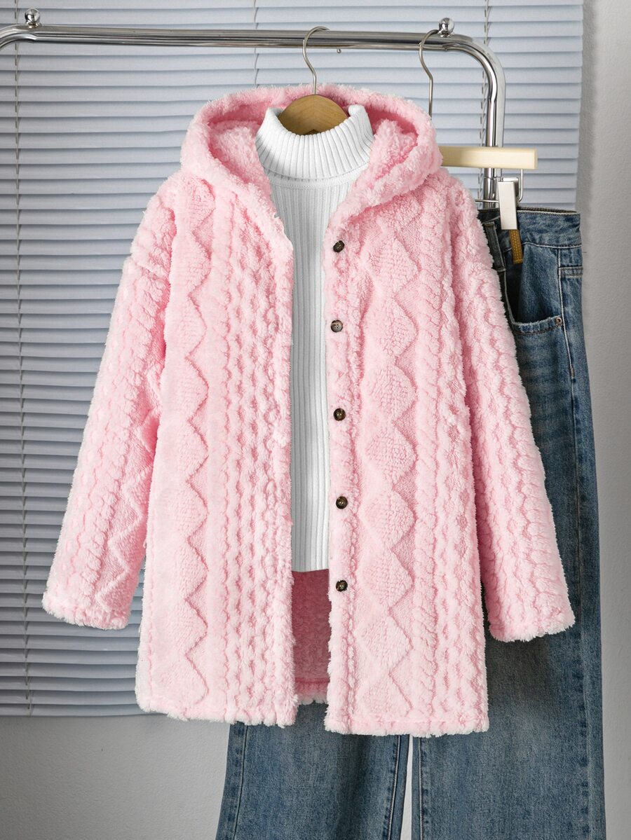 SHEIN Sparklyn Tween女孩休閒百搭日常校園穿著愛心提花抓絨領開襟中長版秋冬外套 - 粉色 - 查看 1