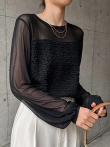 Dazy Kids Teen Girl Solid Color Contrast Mesh Round Neck Long Sleeve T-Shirt - Black - View 3