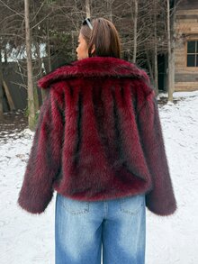 Muchica Plus-Size Burgundy Faux Fur Cropped Jacket For Autumn And Winter, Featuring Toggle Closures And A Full Lining. - Redwood - View 2