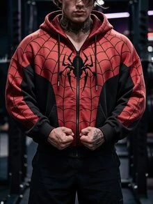 GymBeat Men's Spider Print Long Sleeve Zip-Up Sweatshirt With Drawstring, Gym - Multicolor - View 1