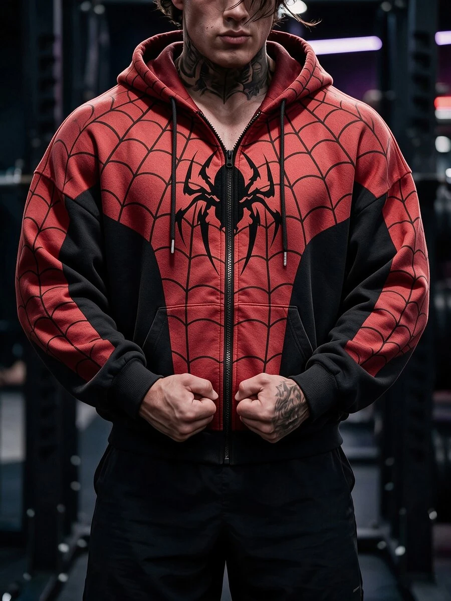 GymBeat Men's Spider Print Long Sleeve Zip-Up Sweatshirt With Drawstring, Gym - Multicolor - View 1