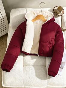 SHEIN Elladie kids 青少年女孩時尚休閒寬鬆可愛短款連帽填充外套，附保暖內裡，寬鬆舒適款，適合秋冬，酒紅色 - 酒紅色 - 查看 1