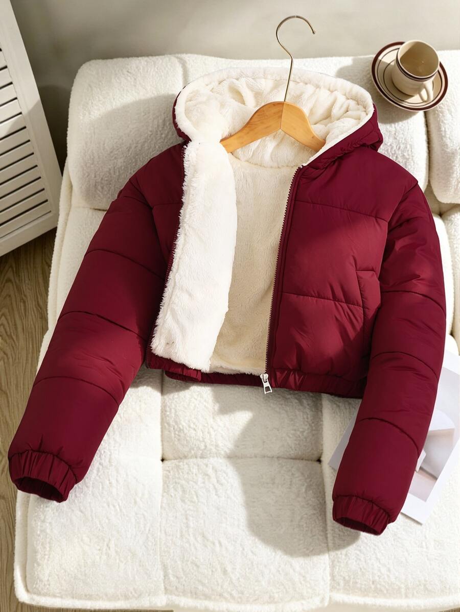 SHEIN Elladie kids 青少年女孩時尚休閒寬鬆可愛短款連帽填充外套,附保暖內裡,寬鬆舒適款,適合秋冬,酒紅色 - 酒紅色 - 查看 1