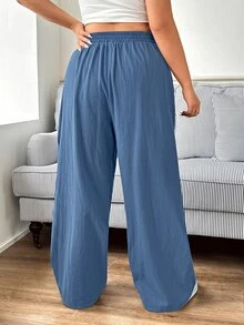 SHEIN EZwear Plus Size Women's Casual Daily Travel Pants With Pockets - Dusty Blue - View 2