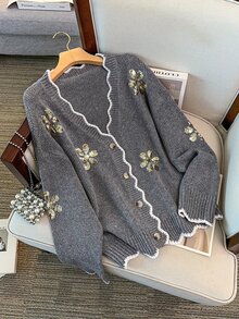 GlowEve CURVE Women's Autumn New Single Piece V-Neck Wavy Edge Machine Embroidered Sequin Floral Design Fashion Versatile Elegant Daily Commute Fitted Short Knit Button Cardigan Plus Size Top - Grey - View 3