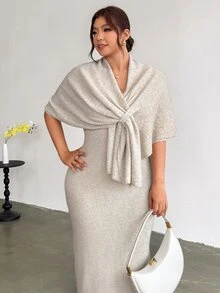 Firerie Atmospheric Knit Cover Up Dress With Multiple Wearing Styles, Knot Detail, V Neck, Loose Fit, Flattering Silhouette, Versatile Fall Cocktail Grey - Apricot - View 7