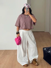 Coolane 女款大尺碼夏季秋季街頭風Y2K休閒通勤約會落肩寬鬆短袖圓領亮粉色棕色條紋T恤 - 粉色 - 查看 2