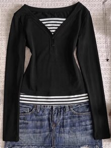 Teen Girl Casual Slim Fit Long Sleeve T-Shirt Base Layer, Versatile Comfortable Elegant Style, Suitable For Outings, School, Layering - Black - View 4