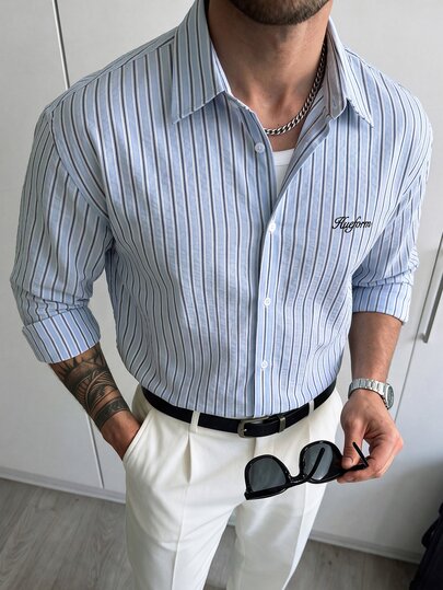 HUEFORM Men's Old Money Style Vintage Blue & White Fine Striped Print Oversized Shirt Street Slouchy Casual Daily Versatile Commute Exquisite Date Holiday Outfit Pocket Small Print Lapel Long Sleeve Blouse Top