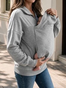 SHEIN Sweatshirt Kasual Longgar Lengan Panjang Ibu Hamil Abu-abu Musim Gugur/Dingin 3-in-1 Tebal Berlapis Ganda - Light Grey - View 7