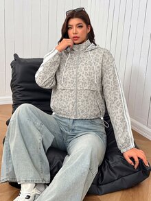 SHEIN EZwear Jaket Wanita Ukuran Besar Motif Leopard dengan Lengan Bergaris dan Tali Serut, Model Patchwork, dan Tudung. - MultiWarna - View 7