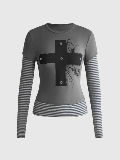 All Season Y2K Casual Classic Solid Color Patchwork Striped Women's 2 In 1 Slim Fit Long Sleeve T-Shirt