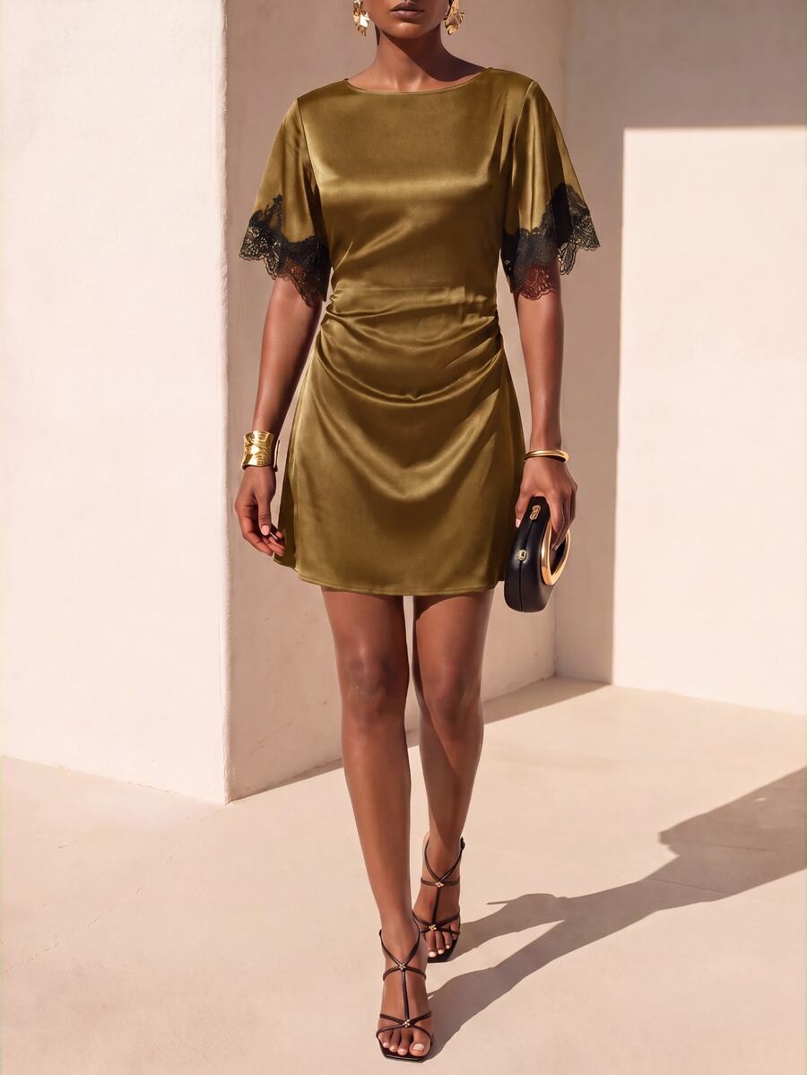 Zivah Women's Round Neck Batwing Sleeve Ruched Lace Trim Mini Dress - Camel - View 1