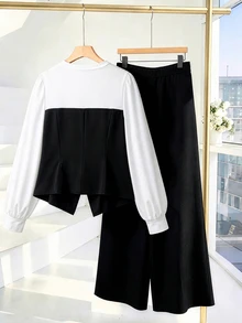 GlowEve CURVE Plus Size Women 2pcs Set Solid Color Contrast Tie Knit Faux Two Pieces Long Sleeve Top And Loose Straight Leg Pants, Suitable For Autumn Daily Casual Commute Wear - Black and White - View 2