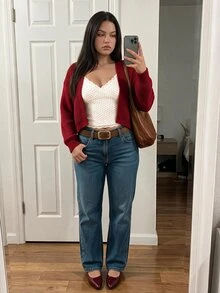 Comfortcana Plus Size Women's Long Sleeve Elegant Autumn/Winter Versatile Short Knit Cardigan - Burgundy - View 2