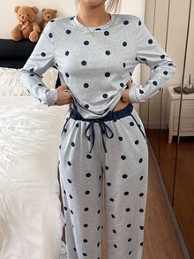 Napfluff Polka Dot Contrast Trim Women's Pajama Set Casual Pocket Loungewear - Light Grey - View 3