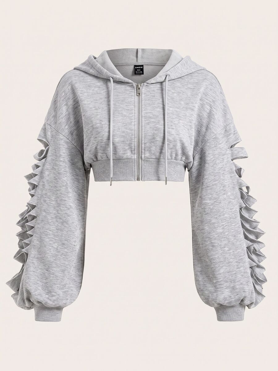 SHEIN EZwear Plus Size Autumn/Winter Designer Cropped Hooded Sweatshirt - Light Grey - View 1