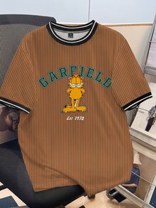 GARFIELD | SHEIN Daypath 男士條紋卡通印花撞色短袖T恤 - 棕色 - 查看 5
