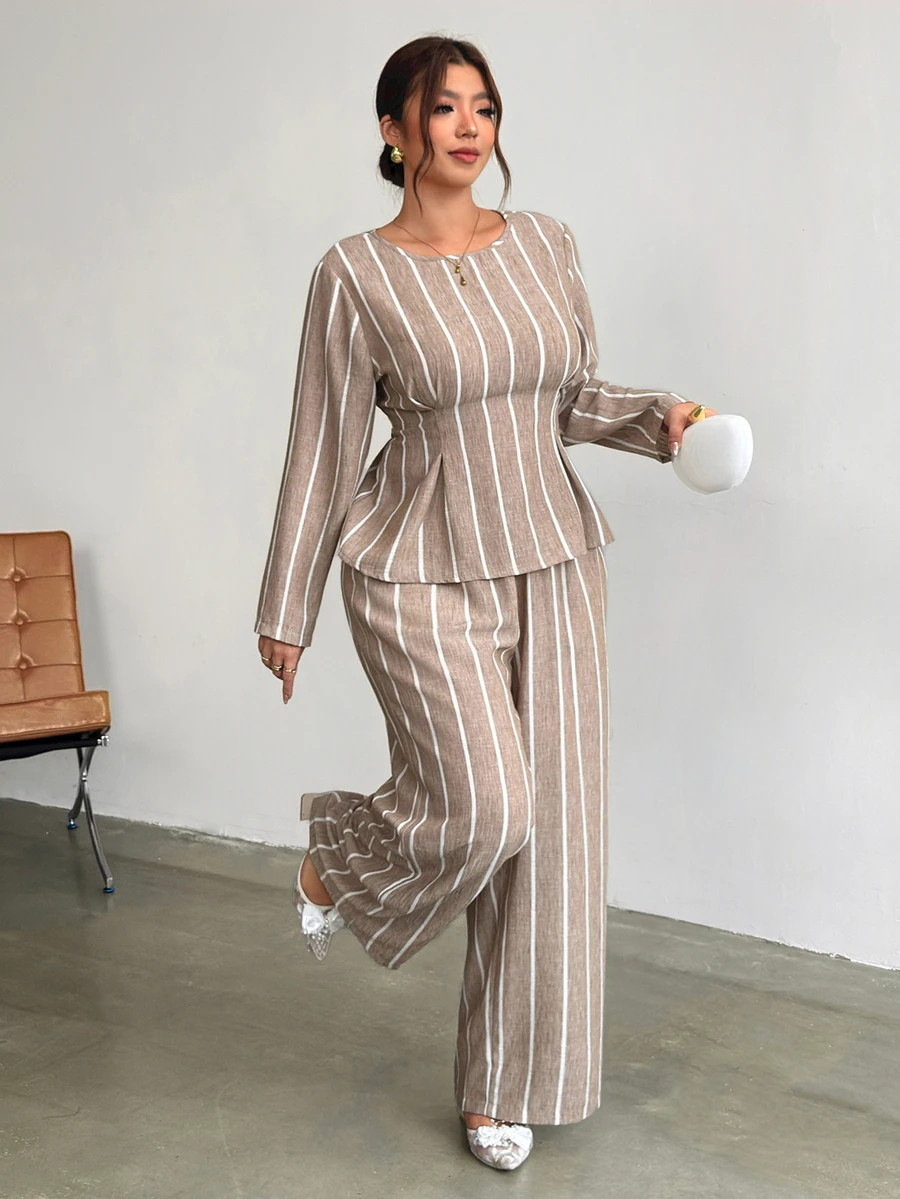 Firerie Plus Size Slimming Ruched Khaki Striped Round Neck Long Sleeve Set/Elastic Waistband/Casual Everyday Matching Set Fall - Khaki - View 1