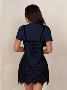 SHEIN PETITE 蕾絲 2 合 1 黑白短洋裝 - 藏蓝色 - 查看 6