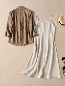 Rusticease Women's Solid Color Lapel Neck Single-Breasted Jacket And Cami Dress Casual 2 Pieces Set - Light Grey - View 2