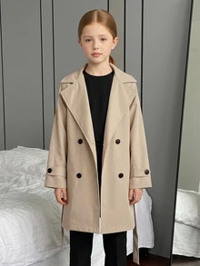 Hapijoa Tween Girl Loose Fit Turn Collar Autumn Long Sleeve Tie Khaki Solid Color Woven Trench Coat - Khaki - View 5