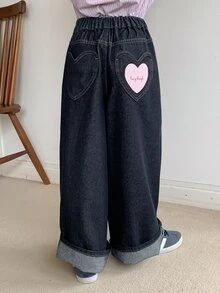 Dazy Kids Tween Girl) Casual Heart Butt Decoration Straight Leg Autumn/Winter Dark Blue Deep Wash Denim Jeans - Navy Blue - View 6
