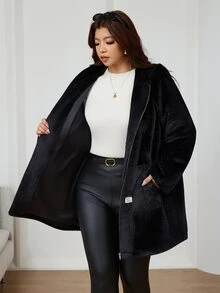 SHEIN Clasi 大尺碼女款抓絨長袖連帽拉鍊冬季外套 - 黑色 - 查看 8