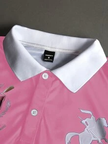STYNVO 男士長袖鈕扣式字母與數字圖案 Polo 衫 - 粉色 - 查看 3