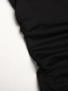 SHEIN Teen Girl Spring Autumn Winter New Casual Elegant Academy Style French Asymmetrical Shoulder Neckline Ruched Patchwork Layered Ruffle Hem Cake Pleat Long Sleeve Dress, Party, Daily Wear, Black Dress - Black - View 6