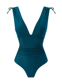 Swim Vcay 女款連身比基尼泳衣，抽繩背心上衣設計，深V領口，無鋼圈 - 藍色 - 查看 2