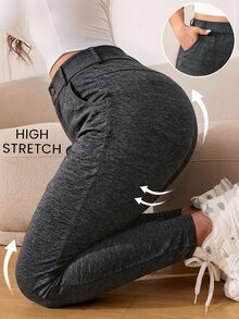 SHEIN CURVE+ 大尺碼女款優雅修身長褲 春夏秋季 - 深灰色 - 查看 3