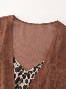 LUMIGAL Women's Chiffon Long Sleeve Long Jacket + Leopard Print Spaghetti Strap Dress Two Pieces Set - Multicolor - View 3