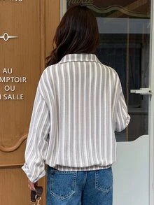 Siren Gaze Women's Striped Drop Shoulder Long Sleeve Zip-Up Casual Jacket - Apricot - View 2