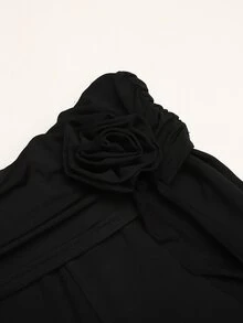 SHEIN 青少年女孩秋冬春夏休閒優雅黑色針織高腰抓皺3D花朵荷葉邊修身喇叭長褲，時尚百搭黑色長褲 - 黑色 - 查看 5