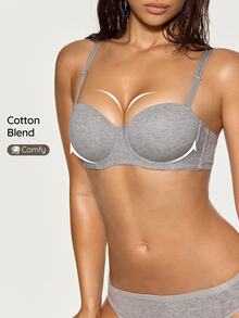 SHAPORA 1pc Half Cup Cotton Comfortable Bra - Grey - View 3