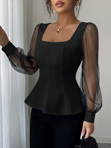 Elenzga Women's Solid Color Mesh Petal Sleeve Square Neck Ruffle Hem Elegant Blouse - Black - View 4