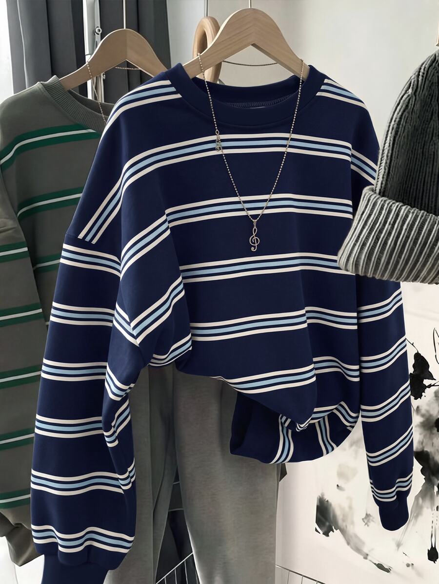 SHEIN LUNE 女款韓式條紋拼色長袖運動衫,休閒風 - 白色 - 查看 1
