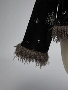 ROMWE Dark Gothic Mysterious Divination Style Star & Moon Pattern Embroidered Fur Collar Decor Plus Size Coat - Black - View 4