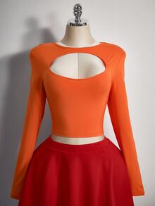 SHEIN CURVE+ Plus Size Women Solid Color Cutout Design Long Sleeve T-Shirt And Skirt Set - Multicolor - View 3