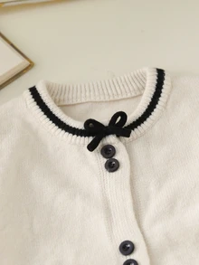 SHEIN Young Girl Bow Decor Long Sleeve Knit Cardigan And Striped Knit Pants Set - Multicolor - View 3